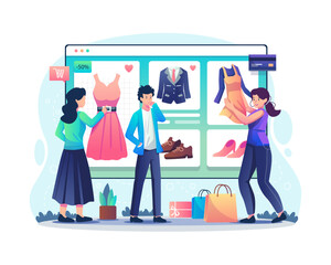 Wall Mural - Online shopping concept with People buying things in a web online store. men and women choosing clothes in an online shop. E-Commerce and Shopping Online. Vector illustration in flat style