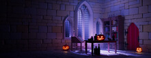 Carved Pumpkins In Low Polygon Medieval Room. Halloween Banner With Copy-space.