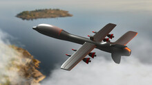 Combat UAV. Unmanned aerial vehicle with remote control. Military UAV with night cruise missiles. Unmanned aircraft with missiles. Innovative fighter jet flies over lake. UAV technology. 3d image.