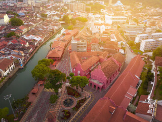 Aerial view of historical Malacca city during sunrise.