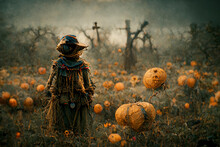 A Ghostly Scarecrow On The Field In The Evening. Spooky Concept.Digital Art