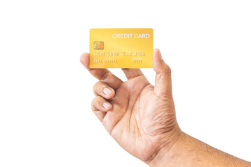 Close-up hand of Asian man holding yellow gold credit card in his hand. isolated on white background. Concept of finance, trading, communication, social, technology, business