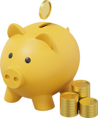 Poster - Yellow piggy bank, dropping coins, stacks of money. PNG icon on transparent background. 3D rendering.