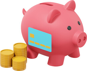 Poster - Pink piggy bank, stacks of coins and credit card. PNG icon on transparent background. 3D rendering.