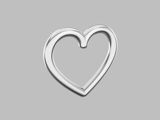 Toy metal heart. Symbol of love. Silver single color. On a gray monochrome background. View left side. 3d rendering.