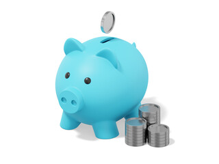 Poster - Blue piggy bank with falling coins, stacks of coins on white background. Accumulation of savings icon. 3D rendering.
