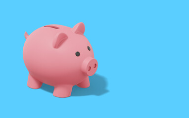 Poster - Pink piggy bank on blue background. Accumulation of savings icon. Banner, space for text. 3D rendering.