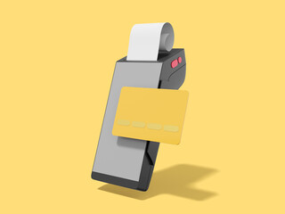 Poster - Gray black POS terminal with credit card and check. Modern machine for cashless payment. Device for NFC pay. 3D rendering on the yellow background.