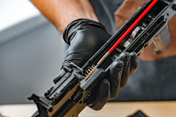 Wall Mural - Close up of a gunsmith cleaning firearm barrel with ramrod brush