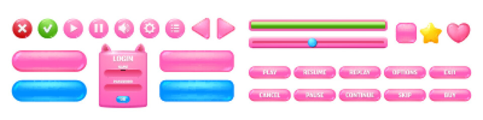 Poster - Game menu interface, pink and blue glossy ui buttons, progress bars, girlish design gui elements. User setting panel, slider, star, heart, pause and arrows login and password isolated vector icons set