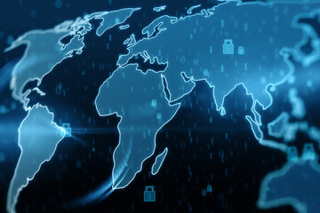 Canvas Print - Creative glowing ecryption map hologram with padlock icons on blue backdrop. Communication, data, safety and global network concept. 3D Rendering.