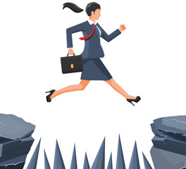 Wall Mural - Businesswoman jumps to goal through abyss.