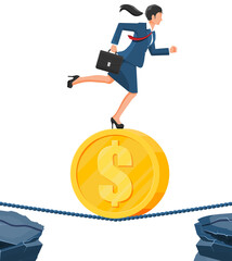 Wall Mural - Businesswoman on coin walking on rope