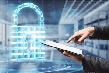 Aufkleber - Close up of businessman hand pointing at cellphone with abstract glowing padlock hologram on blurry office interior background. Secure, safety and data protection concept. Double exposure.