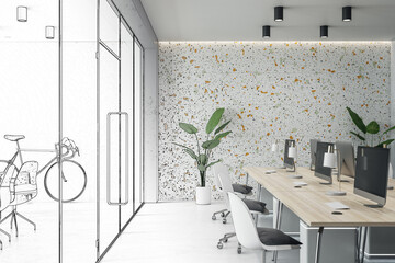 Poster - Modern office design project development with wooden tables and green plants in conference room and hand drown sketch behind glass door. 3D rendering