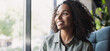 © kite_rin - Young smiling woman closeup portrait, Happy student girl looking at window, Beautiful businesswoman at office panoramic banner, casual business people