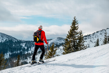 Wall Mural - senior man ski tour walking up looking on landscape