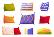 © klyaksun - Cartoon set of colorful pillows isolated on white background. Vector illustration of rectangular and square cushions with different ornaments for healthy sleep. Home interior textile for sofa or bed