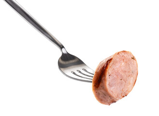 Wall Mural - Fork with a piece grilled German, Munich, Bavarian, sausage isolated on white background. With clipping path.