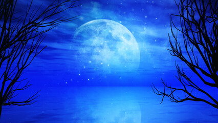 Wall Mural - 3d halloween night background with moonlit landscape