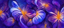 Abstract Pansy Flowers, Vibrant Saturated Midnight Blue And Violet Purple With Rich Golden Yellow Pastel Color Swirls And Layered Spirals. Trendy Modern Art Illustration Background Decoration Design.