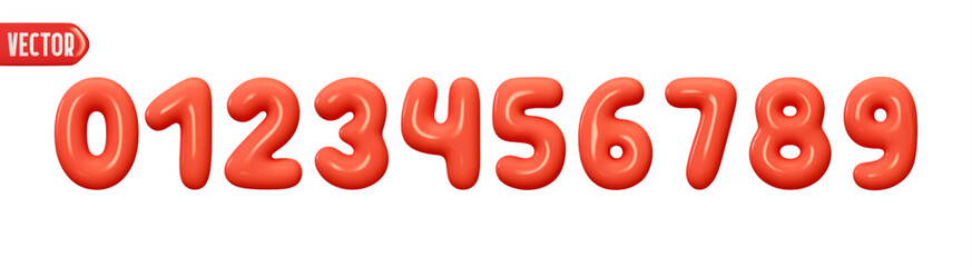 Poster - Red numbers from 0 to 9. Collection of voluminous inflated color numbers from balloon. Set of bright bubble spherical numbering figures. Elements in cartoon style. vector illustration