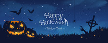 Happy Halloween Banner Or Party Invitation Background With Blue Fog Clouds And Pumpkins