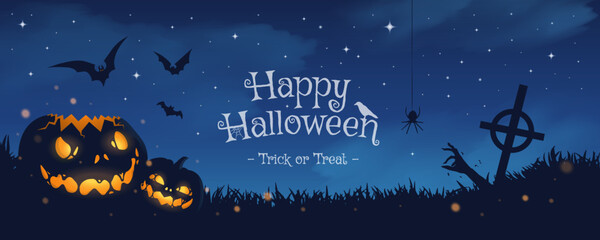Poster - Happy halloween banner or party invitation background with blue fog clouds and pumpkins