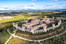 Italy, Tuscany, Monteriggioni, Aerial View Of Medieval Walled Village