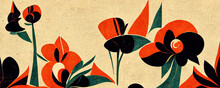 Art Deco Vintage Flowers With Elements Of Cubism. Retro Floral Pattern Design Of Poppies. A Spring Flower Graphic. Generative Ai