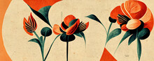 Art Deco Flowers With Elements Of Retro Cubism. Vintage Floral Pattern Design Of Poppies. A Spring Flower Graphic.