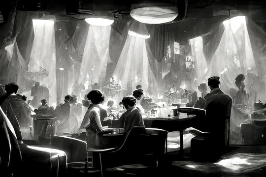 cinematic wallpaper featuring a hazy retro entertainment venue night club. black and white vintage j