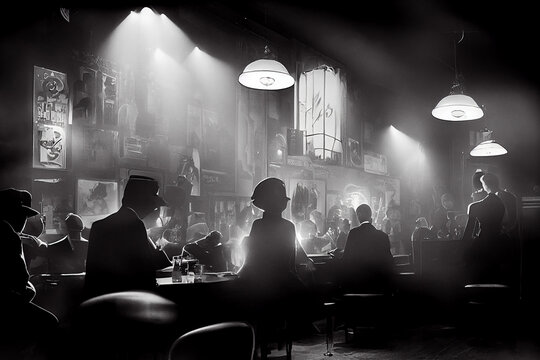 silhouettes of people in a black and white illustration of vintage night club. retro jazz club with 