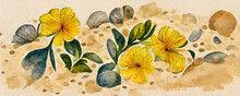 Yellow Flowers On A Sandy Beach And Sea In The Background Wallpaper Pattern. Watercolour Illustration Featuring A Summer Floral Design. Light Yellow Summery Flower With Green Leaves