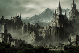 Digital art illustration featuring an evil dark fortress among mountains. Fantasy medieval citadel castle gothic architecture of Osgiliath surrounded by mist, smoke and magic 