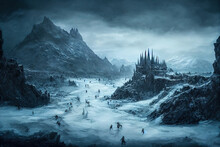 Illustration Featuring Aerial View Of The Army Of The Undead Walking In An Icy Valley With A Castle, Misty Landscape And Mountains. Concept Art Drawing Of A Frozen Lake And Zombies Walking On Top.