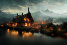 Ancient Medieval Lake Town Village On Water With Misty Mountains In The Background And Water Reflections In The Evening. Light Inside The Small Cottages Of This Historic Town In A Wallpaper Artwork.