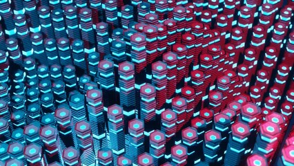 Aufkleber - Hexagonal columns in neon glowing light background. 3D rendered loop video. Abstract blue and pink technologic seamless looped animation. Hyperrealistic dimensional geometrical patterned visual