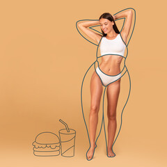 Wall Mural - Dieting and weight loss concept. Fast food and drawn outlines around slim female body, collage, cropped