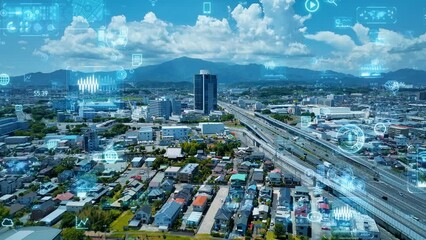Leinwandbilder - Modern city and data technology. Smart city. Digital transformation.