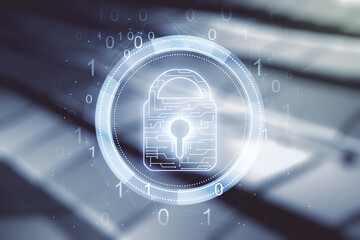 Poster - Virtual creative lock sketch with chip hologram on shiny metal background, protection of personal data concept. Multiexposure