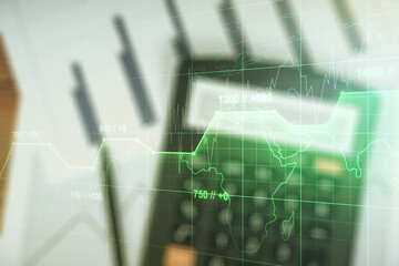 Poster - Abstract virtual analytics data spreadsheet on blurry calculator and papers background, analytics and analysis concept. Multiexposure