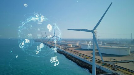 Leinwandbilder - Renewable energy and environmental technology concept. Wind power plant. Sustainable development goals. SDGs.