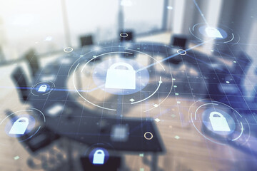 Poster - Virtual creative lock illustration with microcircuit on a modern coworking room background, cyber security concept. Multiexposure