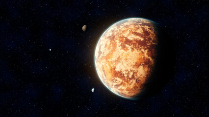 Wall Mural - view of an unknown science fiction desert planet in reddish tone in space with three small satellite