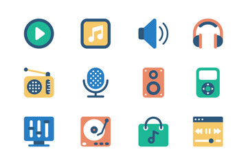 Aufkleber - Music and radio station concept of web icons set in simple flat design. Pack of audio, play, note, volume, headphones, microphone, speaker, player, equalizer and other.Vector pictograms for mobile app