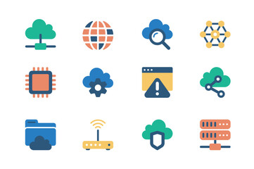 Aufkleber - Cloud technology concept of web icons set in simple flat design. Pack of storage, server, search, microchip, settings, link, folder, upload, personal data and other. Vector pictograms for mobile app
