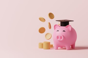 Piggy bank with coins and graduation cap on pink background. Money savings, investment for education, scholarship concept. 3d rendering