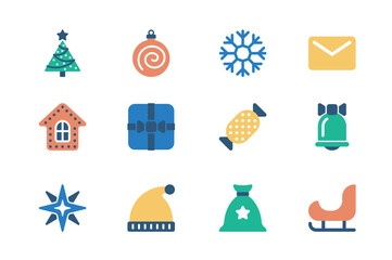 Aufkleber - Christmas concept of web icons set in simple flat design. Pack of festive tree, ball, snowflake, letter, gingerbread cookie, gift, candy, bell, star, hat and other. Vector pictograms for mobile app