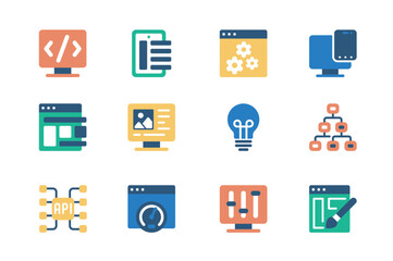 Design and development concept of web icons set in simple flat design. Pack of coding, programming, settings, optimization, generate idea, engineering and other. Vector pictograms for mobile app